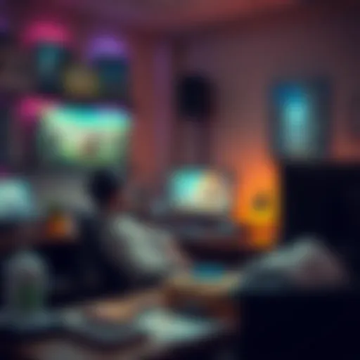 A game artist packing up personal items at a desk in a mobile game studio, with gaming artwork displayed on the walls.