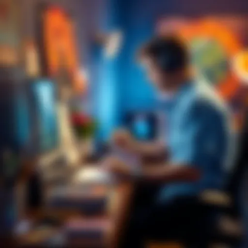 A game artist sketches ideas while considering a switch to Unreal Engine from Unity, surrounded by art supplies and a computer.