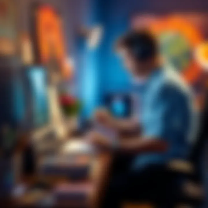 A game artist sketches ideas while considering a switch to Unreal Engine from Unity, surrounded by art supplies and a computer.