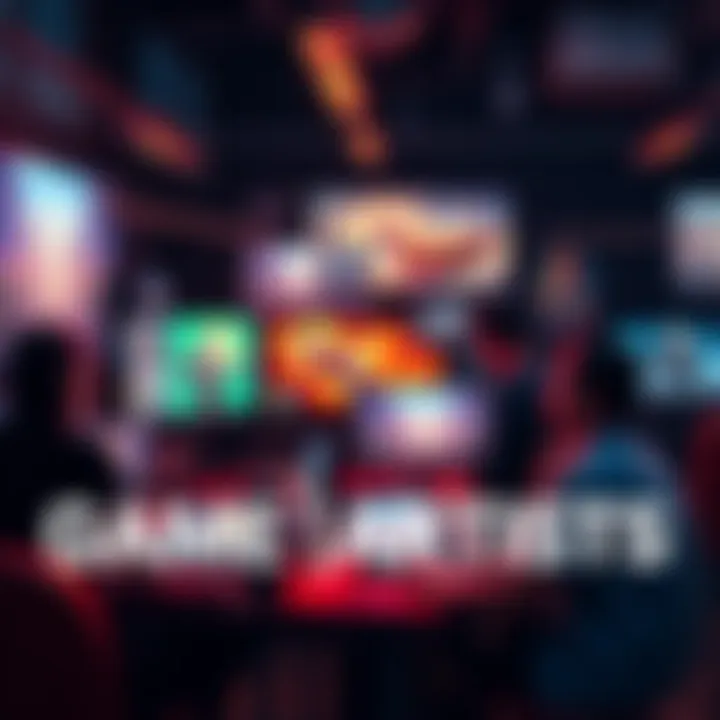 Game Artists at Work A group of game artists collaborating on digital art projects, showcasing various styles and techniques on their screens.