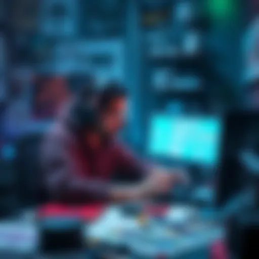 A game designer working on digital art and game assets for a dream project, surrounded by sketches and tools.