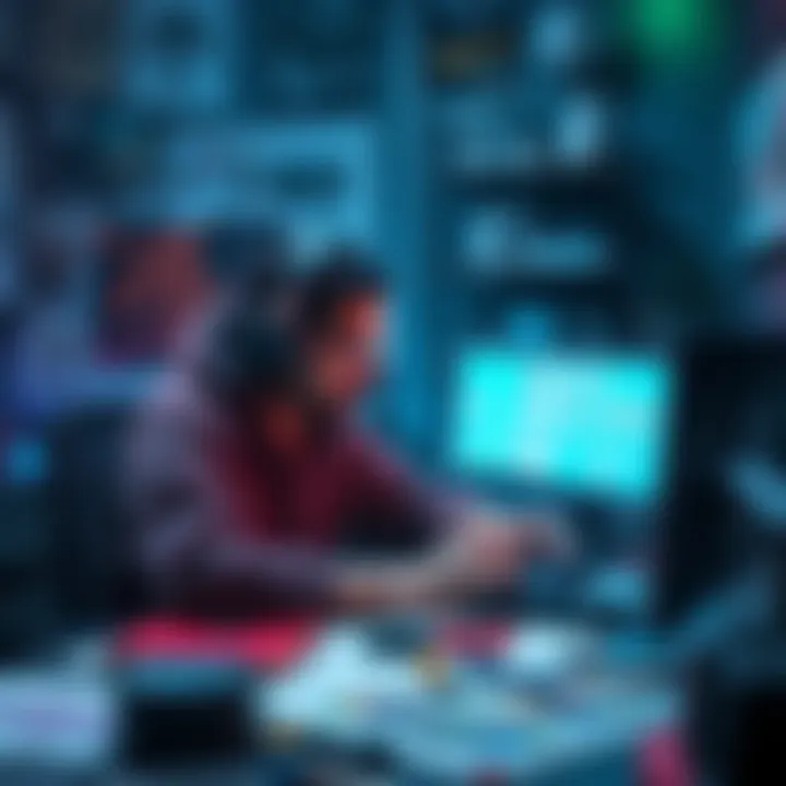A game designer working on digital art and game assets for a dream project, surrounded by sketches and tools.