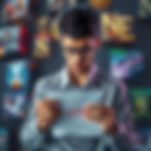 A person looking worried while holding a notepad filled with game ideas, surrounded by competitive game boxes