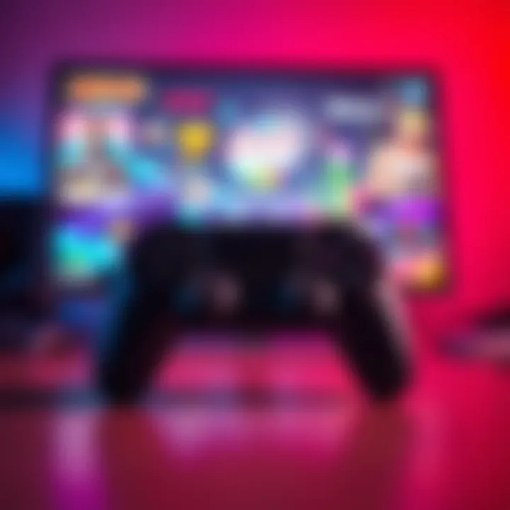 A game controller in front of a computer screen displaying a colorful indie game demo