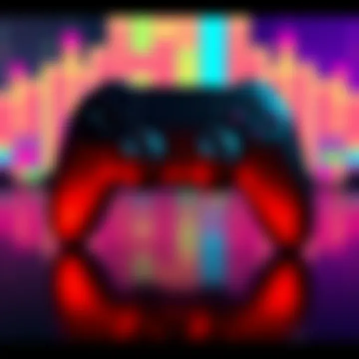 Game Controller with Sound Waves A game controller surrounded by colorful sound wave graphics, representing sound effects for video games