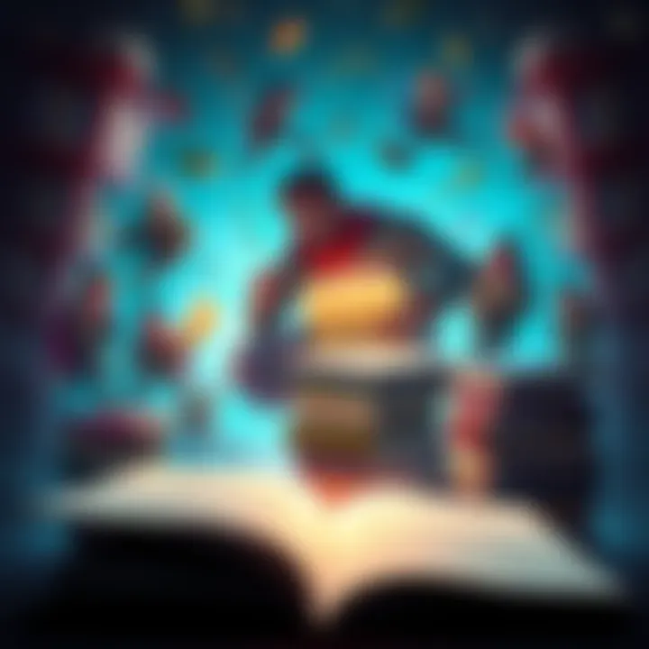 A vibrant game cover showing characters from a literary world with books floating around them, reflecting storytelling themes.