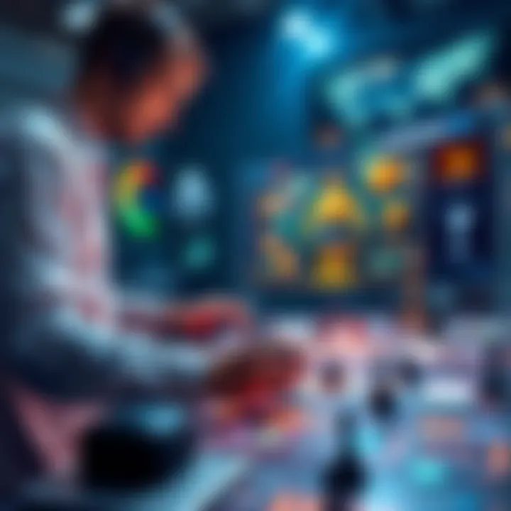 A designer analyzing gameplay strategies on a digital board, showcasing various game elements and player interactions.