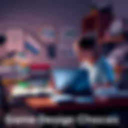 A student sits at a desk with a laptop, surrounded by game design books and sketches, considering college and self-learning options.