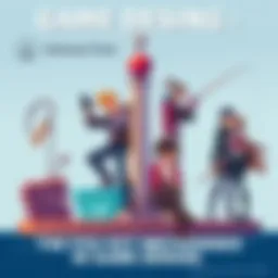 An illustration showing the four key mechanics of game design: a grapple hook, a character performing a parry, a fishing mini-game scene, and a romantic interaction between characters.