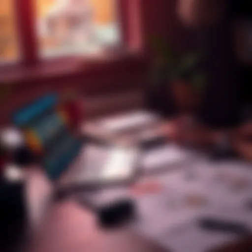 A designer reviewing key game design articles and frameworks on a laptop, with sketches of game concepts on a nearby table.