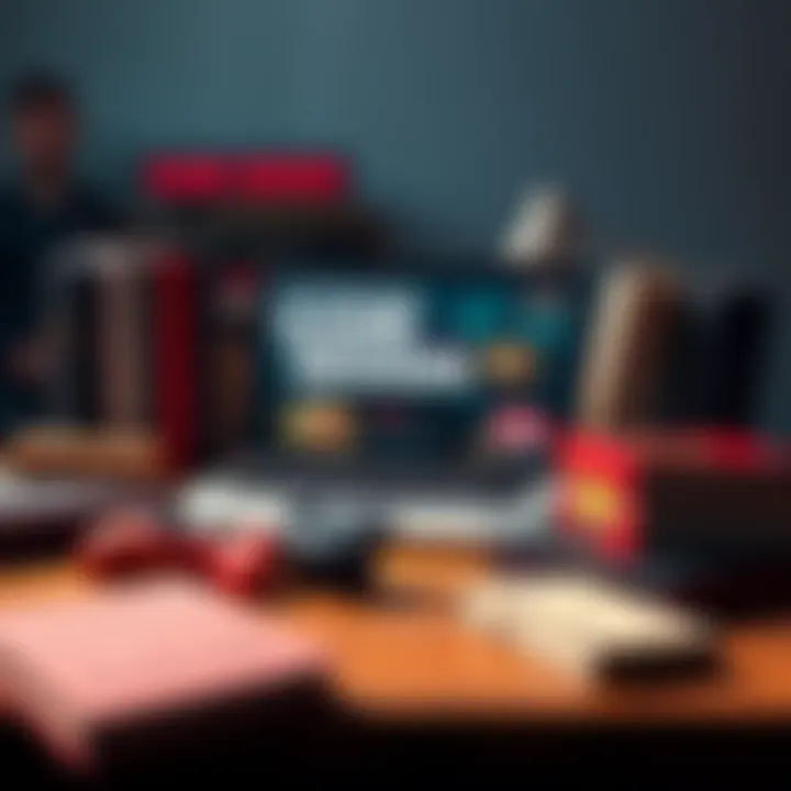 A collection of books and a laptop showcasing game design courses on the screen