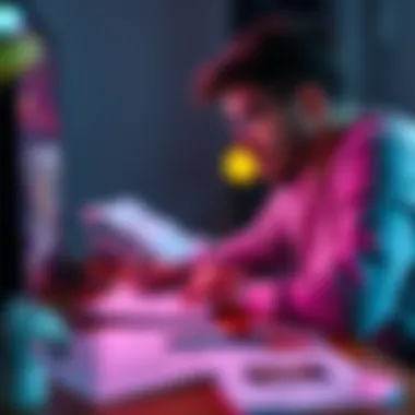 A person analyzing game design on a computer, with notes and sketches around them