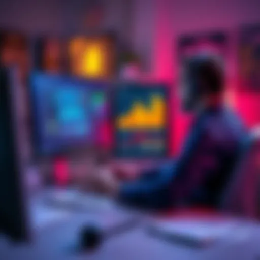 A game designer analyzing player feedback and engagement metrics on a computer screen, with game concept sketches on the desk.