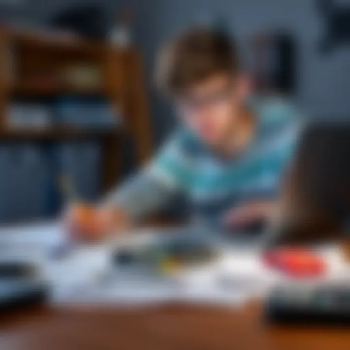 A college student working on game design using a laptop with a Raspberry Pi on the desk, surrounded by sketches and notes.