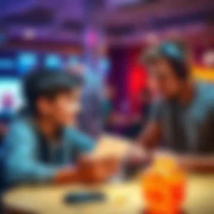 A 17-year-old with a notebook discussing game concepts with a programmer at a table
