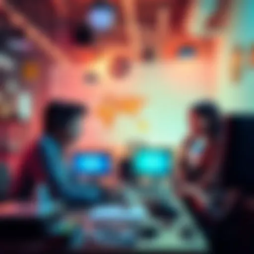 A game designer brainstorming ideas with developers in a creative workspace