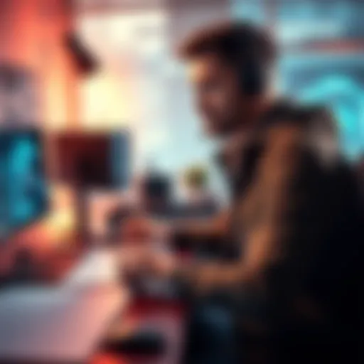 A game developer sits at a desk with sketches and a computer, choosing between hiring designers or using AI for game visuals.