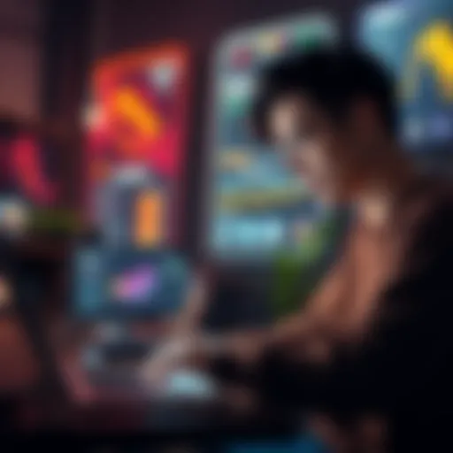 A game designer examining their portfolio on a laptop, looking for feedback on projects and presentation.