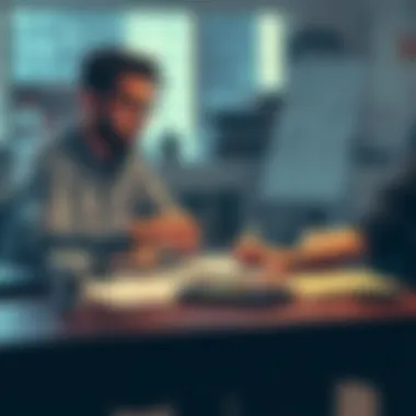 A game designer and writer discussing ideas with sketches and notes on a table