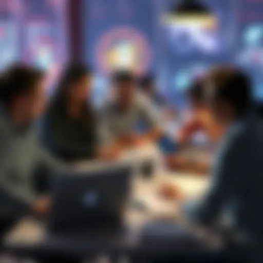 A group of game designers discussing ideas at a table with sketches and laptops, focusing on narrative and story development.