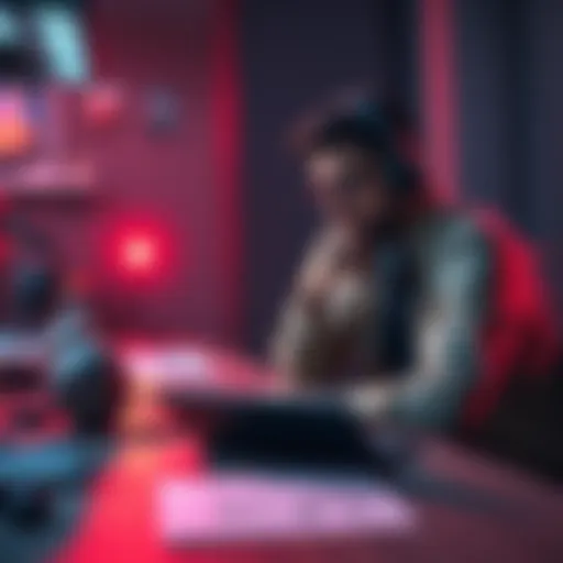 A game developer pondering options with a laptop and game design sketches on the table