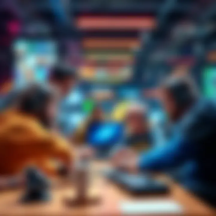 A diverse group of game developers brainstorming creative ideas for new games in a collaborative setting