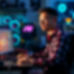 A 49-year-old hobbyist game developer working on a computer, utilizing AI tools for game design and level creation, showcasing creativity and technology in harmony.