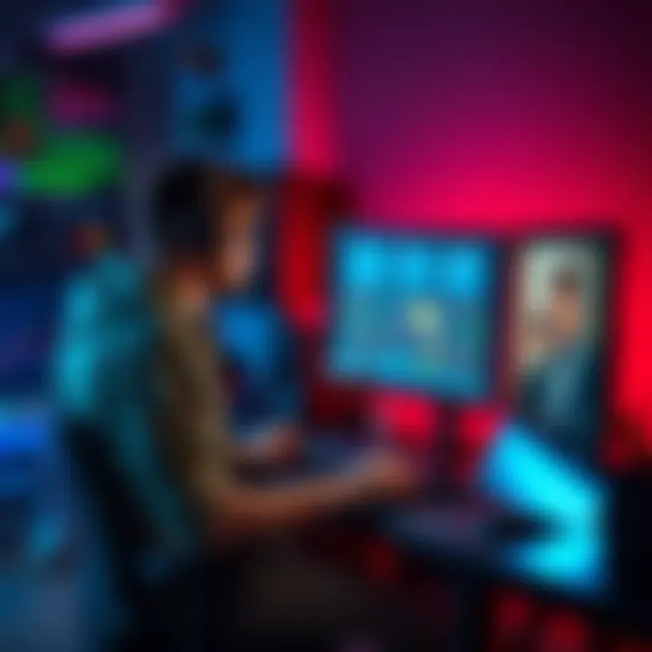A game developer sits at a desk working on a computer, with AI software open on the screen, highlighting the integration of AI in game development.