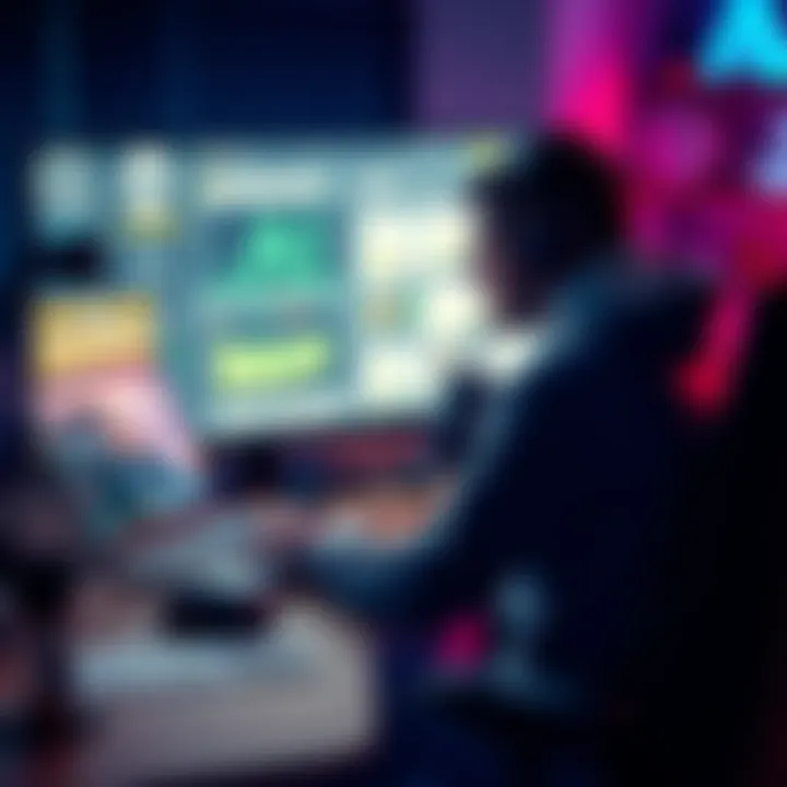 A game developer sitting at a desk with a laptop, coding a video game while AI tools are displayed on the screen, surrounded by board game designs, showcasing the blend of creativity and technology.