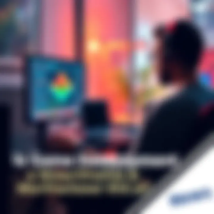 A game developer sitting at a desk with a computer, coding a video game. The screen shows game graphics and code. The developer is focused and wearing headphones.