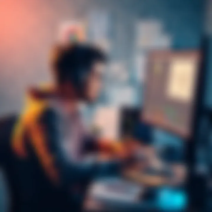 A game developer coding on a computer, surrounded by sketches and game design notes, showing creativity and focus.