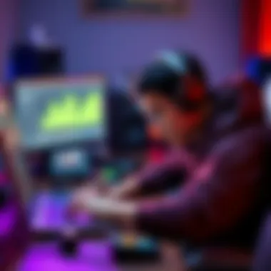 Game Developer Using Audio Tools A game developer working on a laptop with audio editing software, focusing on voice and sound effects for video games.