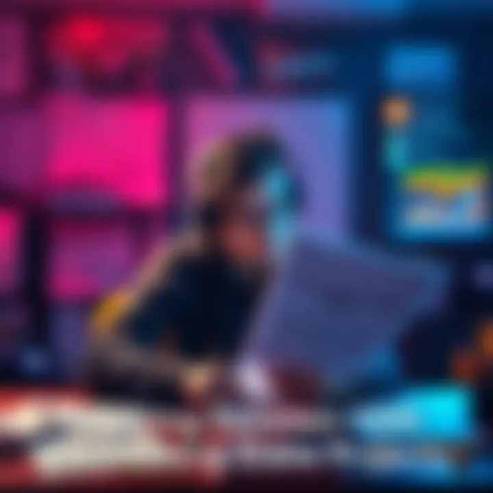 A game developer contemplating between a Game Design Document and an evolving game project, with sketches and notes around them.