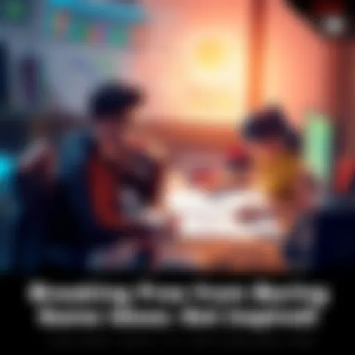 A game developer sitting at a desk, surrounded by sketches and notes, looking thoughtful while trying to come up with new game ideas.