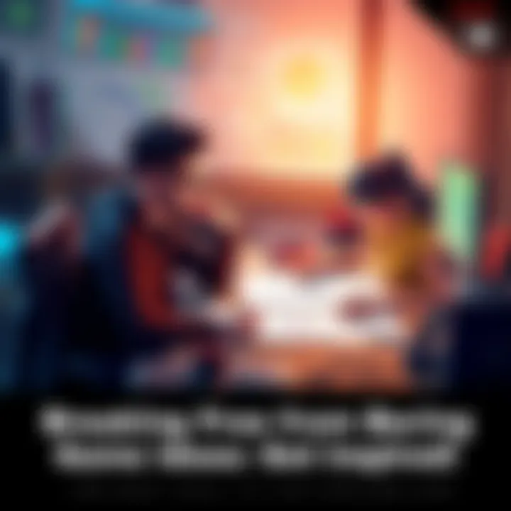 A game developer sitting at a desk, surrounded by sketches and notes, looking thoughtful while trying to come up with new game ideas.