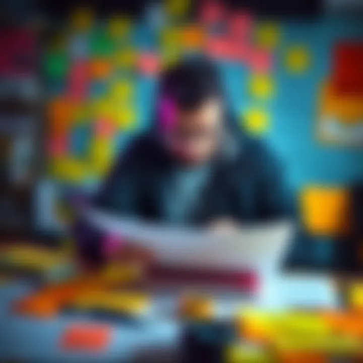 A game developer surrounded by sticky notes and sketches, focusing on organizing ideas for a game design document.