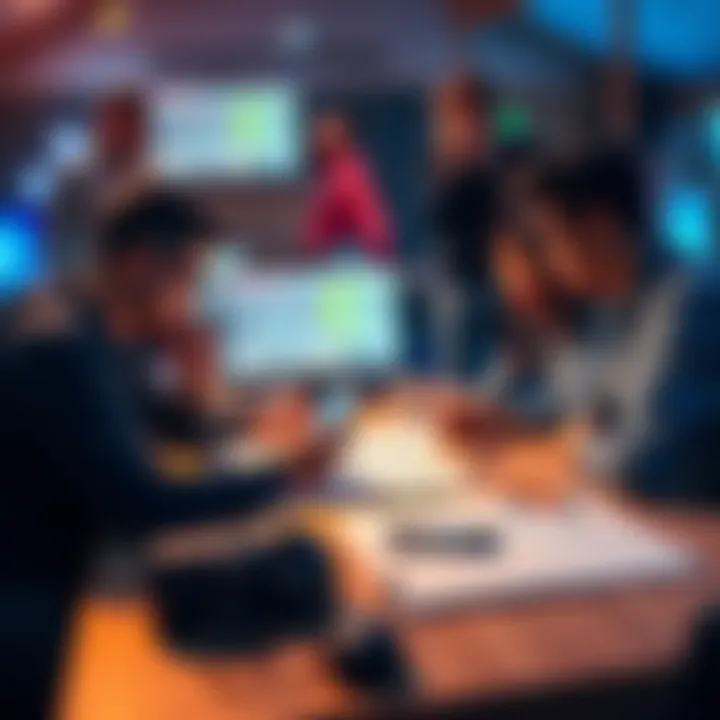 A group of game developers discussing creative ideas around a table with sketches and digital devices.