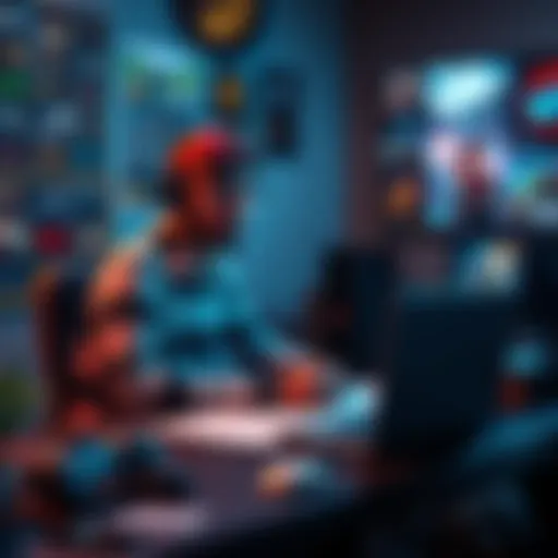 A game developer sitting at a desk covered with sketches and notes, looking thoughtful while working on a laptop, surrounded by gaming posters.
