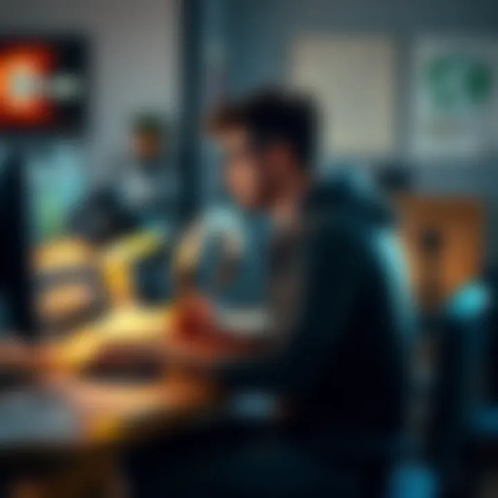 A game developer sitting at a desk surrounded by sketches and a computer, looking thoughtful and tired, symbolizing burnout in game development.