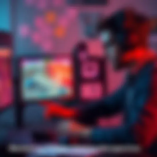 Game Developer Analyzing Camera Perspective A game developer looks at two camera perspectives for their game, with one showing a top-down view and the other a dynamic immersive view, surrounded by player feedback notes