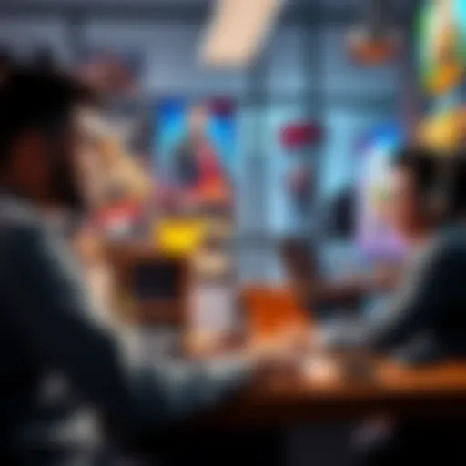 A game developer sharing insights with a student about game development careers and job prospects in India, set in an office with gaming posters.