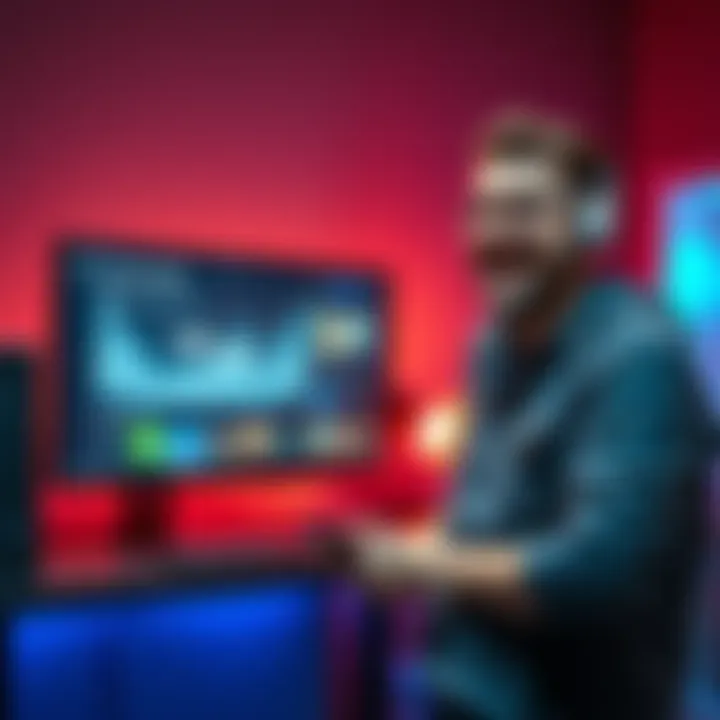 A proud game developer stands next to a computer screen showing their newly published game on Steam, smiling with a sense of achievement.