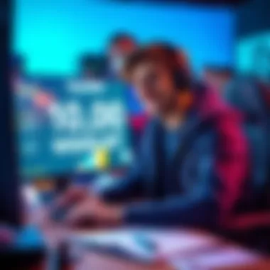 Game Developer Celebrating Milestone A solo game developer smiles while looking at a screen showing 10,000 wishlists for their game, surrounded by development tools and notes.