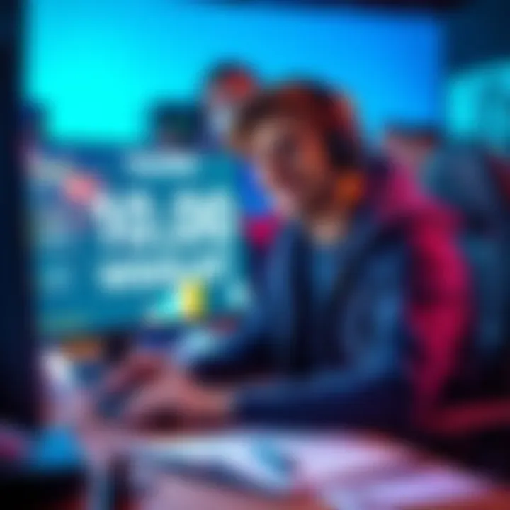 Game Developer Celebrating Milestone A solo game developer smiles while looking at a screen showing 10,000 wishlists for their game, surrounded by development tools and notes.