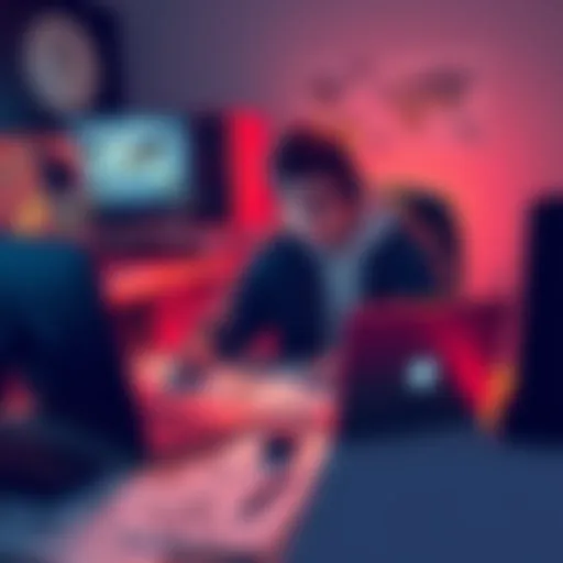 A young game developer sitting at a desk, focused on coding with a laptop, surrounded by game design sketches, showing determination and passion.