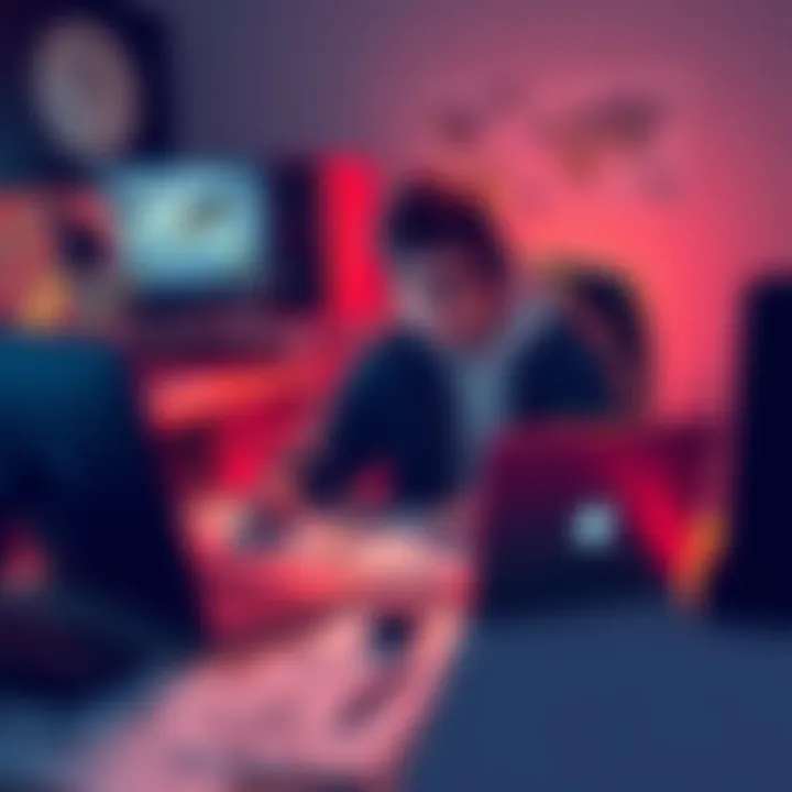 A young game developer sitting at a desk, focused on coding with a laptop, surrounded by game design sketches, showing determination and passion.