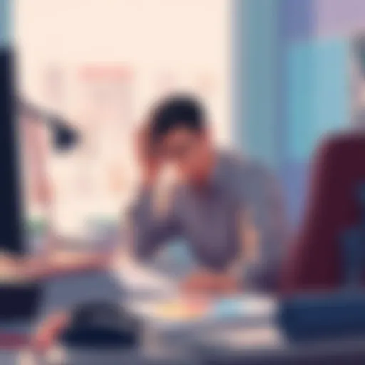 Game developer contemplating challenges A game developer sits at a desk surrounded by sketches and code, looking stressed while pondering game design decisions.