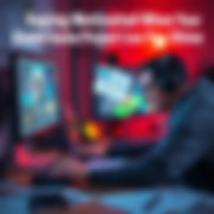 A game developer looks frustrated while working on a computer with game design elements on the screen and sketches scattered around.