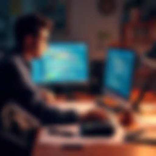 A person sitting at a desk, focused on coding in a blank code editor with game design notes scattered around.