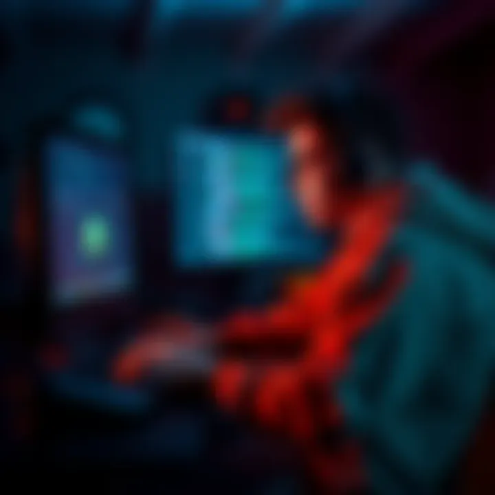 An aspiring game developer sits at a computer, looking frustrated with coding for a horror game. The screen displays 3D models and coding scripts. The room is dimly lit, hinting at a horror theme.